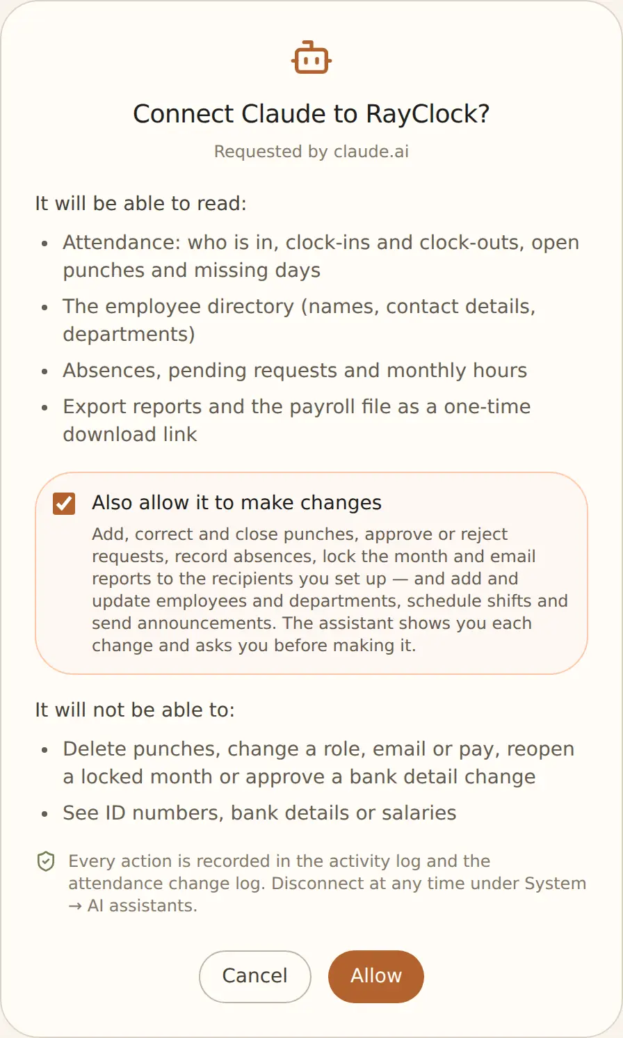 The RayClock screen you’ll see while connecting: choose whether to allow changes, then click Allow