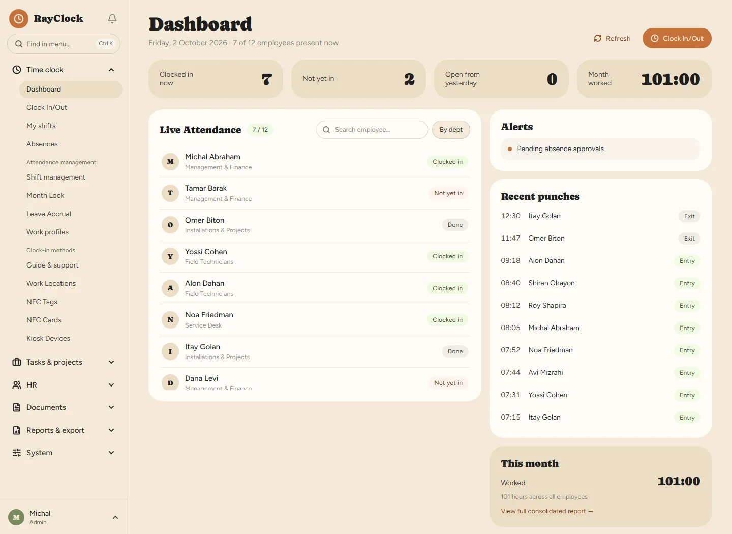 Dashboard: who is in now and recent punches